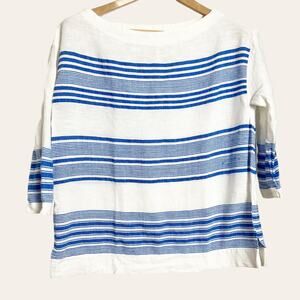 Lemlem Anthropologie White Blue Striped Boat Neck 3/4 Sleeve Top Size S
